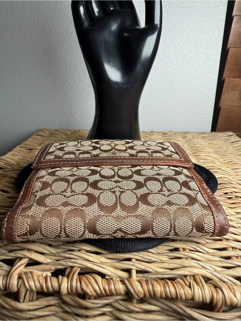 Coach Brown Signature Canvas Bifold Wallet with Leather Trim